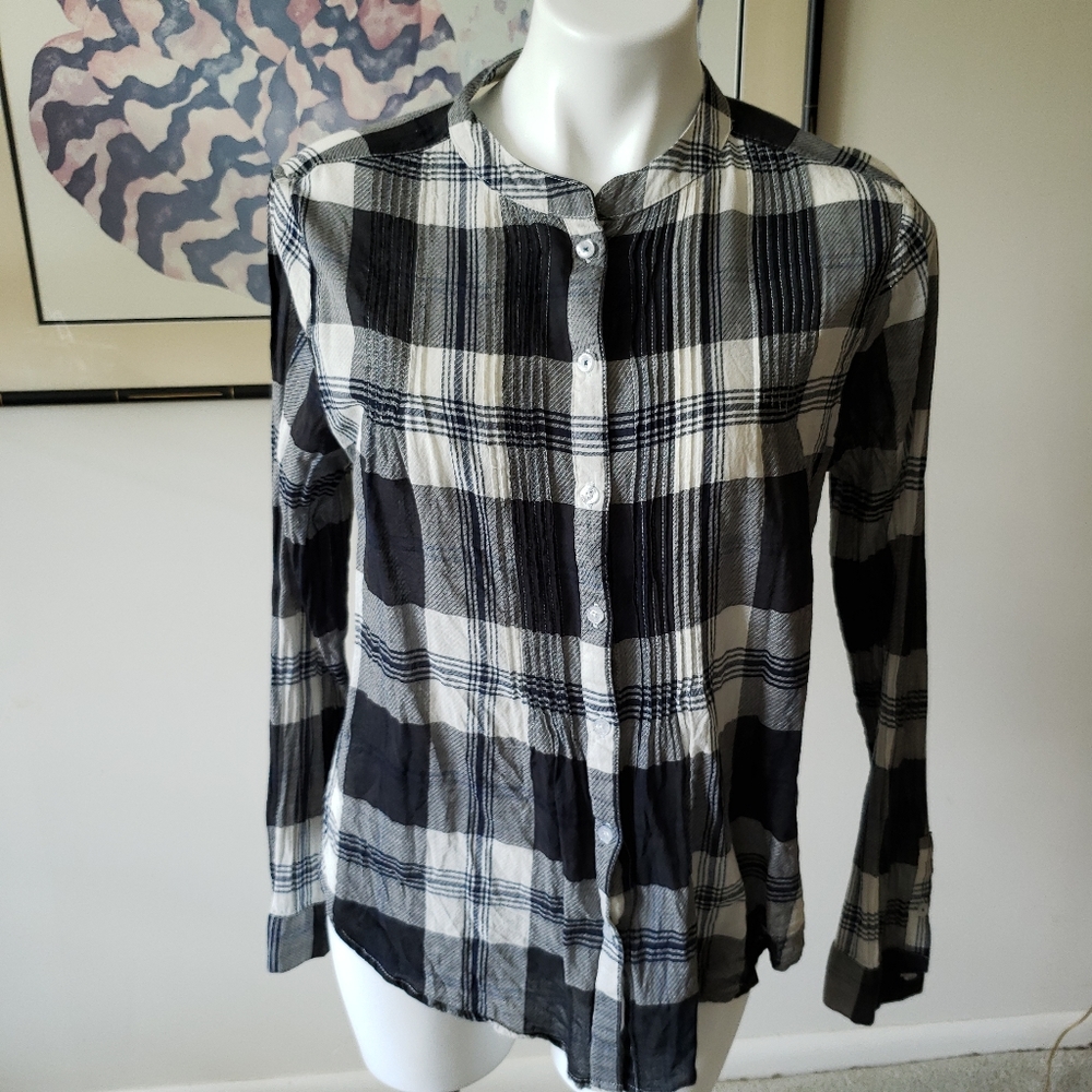 Max Jeans Large Black and White Lightweight Shirt Plaid Ruffled Sleeves - Picture 1 of 8